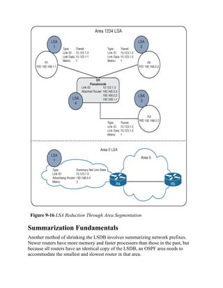 Figure 9-16 LSA Reduction Through Area Segmentation
Summarization Fundamentals
Another method of shrinking the LSDB involves summarizing network prefixes.
Newer routers have more memory and faster processors than those in the past, but
because all routers have an identical copy of the LSDB, an OSPF area needs to
accommodate the smallest and slowest router in that area.
 