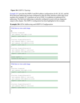 Figure 10-1 OSPFv3 Topology
Example 10-1 provides the OSPFv3 and IPv6 address configurations for R1, R2, R3, and R4.
IPv6 link-local addressing has been configured so that all router interfaces reflect their local
numbers (for example, R1’s interfaces are set to FE80::1) in addition to traditional IPv6
addressing. The link-local addressing is statically configured to assist with any diagnostic
output in this chapter. The OSPFv3 configuration has been highlighted in this example.
Example 10-1 IPv6 Addressing and OSPFv3 Configuration
Click here to view code image
R1
interface Loopback0
ipv6 address 2001:DB8::1/128
ospfv3 1 ipv6 area 0
!
interface GigabitEthernet0/1
ipv6 address FE80::1 link-local
ipv6 address 2001:DB8:0:1::1/64
ospfv3 1 ipv6 area 0
!
interface GigabitEthernet0/2
ipv6 address FE80::1 link-local
ipv6 address 2001:DB8:0:12::1/64
ospfv3 1 ipv6 area 0
!
router ospfv3 1
router-id 192.168.1.1
Click here to view code image
R2
interface Loopback0
ipv6 address 2001:DB8::2/128
ospfv3 1 ipv6 area 0
!
interface GigabitEthernet0/1
ipv6 address FE80::2 link-local
ipv6 address 2001:DB8:0:12::2/64
ospfv3 1 ipv6 area 0
!
interface GigabitEthernet0/3
ipv6 address FE80::2 link-local
ospfv3 1 ipv6 area 0
!
 