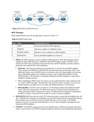 Figure 11-5 eBGP and iBGP Sessions
BGP Messages
BGP communication uses four message types, as shown in Table 11-2.
Table 11-2 BGP Packet Types
Type Name Functional Overview
1 OPEN Sets up and establishes BGP adjacency
2 UPDATE Advertises, updates, or withdraws routes
3 NOTIFICATION Indicates an error condition to a BGP neighbor
4 KEEPALIVE Ensures that BGP neighbors are still alive
OPEN: An OPEN message is used to establish a BGP adjacency. Both sides negotiate session
capabilities before BGP peering is established. The OPEN message contains the BGP version
number, the ASN of the originating router, the hold time, the BGP identifier, and other optional
parameters that establish the session capabilities.
Hold time: The hold time attribute sets the hold timer, in seconds, for each BGP neighbor.
Upon receipt of an UPDATE or KEEPALIVE, the hold timer resets to the initial value. If the
hold timer reaches zero, the BGP session is torn down, routes from that neighbor are removed,
and an appropriate update route withdraw message is sent to other BGP neighbors for the
affected prefixes. The hold time is a heartbeat mechanism for BGP neighbors to ensure that a
neighbor is healthy and alive.
When establishing a BGP session, the routers use the smaller hold time value contained in the
two routers’ OPEN messages. The hold time value must be at least 3 seconds, or is set to 0 to
disable keepalive messages. For Cisco routers, the default hold timer is 180 seconds.
BGP identifier: The BGP router ID (RID) is a 32-bit unique number that identifies the BGP
router in the advertised prefixes. The RID can be used as a loop-prevention mechanism for
routers advertised within an autonomous system. The RID can be set manually or dynamically
for BGP. A nonzero value must be set in order for routers to become neighbors.
KEEPALIVE: BGP does not rely on the TCP connection state to ensure that the neighbors are still
alive. KEEPALIVE messages are exchanged every one-third of the hold timer agreed upon between
the two BGP routers. Cisco devices have a default hold time of 180 seconds, so the default
keepalive interval is 60 seconds. If the hold time is set to 0, then no keepalive messages are sent
between the BGP neighbors.
UPDATE: An UPDATE message advertises any feasible routes, withdraws previously advertised
routes, or can do both. An UPDATE message includes the Network Layer Reachability Information
 