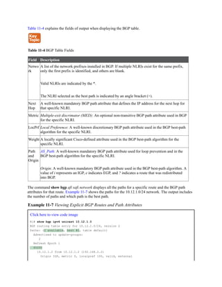 Table 11-4 explains the fields of output when displaying the BGP table.
Table 11-4 BGP Table Fields
Field Description
Netwo
rk
A list of the network prefixes installed in BGP. If multiple NLRIs exist for the same prefix,
only the first prefix is identified, and others are blank.
Valid NLRIs are indicated by the *.
The NLRI selected as the best path is indicated by an angle bracket (>).
Next
Hop
A well-known mandatory BGP path attribute that defines the IP address for the next hop for
that specific NLRI.
Metric Multiple-exit discrimator (MED): An optional non-transitive BGP path attribute used in BGP
for the specific NLRI.
LocPrf Local Preference: A well-known discretionary BGP path attribute used in the BGP best-path
algorithm for the specific NLRI.
Weight A locally significant Cisco-defined attribute used in the BGP best-path algorithm for the
specific NLRI.
Path
and
Origin
AS_Path: A well-known mandatory BGP path attribute used for loop prevention and in the
BGP best-path algorithm for the specific NLRI.
Origin: A well-known mandatory BGP path attribute used in the BGP best-path algorithm. A
value of i represents an IGP, e indicates EGP, and ? indicates a route that was redistributed
into BGP.
The command show bgp afi safi network displays all the paths for a specific route and the BGP path
attributes for that route. Example 11-7 shows the paths for the 10.12.1.0/24 network. The output includes
the number of paths and which path is the best path.
Example 11-7 Viewing Explicit BGP Routes and Path Attributes
Click here to view code image
R1# show bgp ipv4 unicast 10.12.1.0
BGP routing table entry for 10.12.1.0/24, version 2
Paths: (2 available, best #2, table default)
Advertised to update-groups:
2
Refresh Epoch 1
65200
10.12.1.2 from 10.12.1.2 (192.168.2.2)
Origin IGP, metric 0, localpref 100, valid, external
 