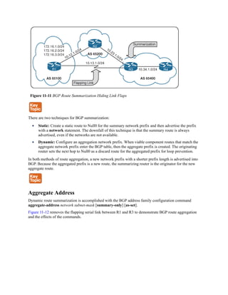 Figure 11-11 BGP Route Summarization Hiding Link Flaps
There are two techniques for BGP summarization:
Static: Create a static route to Null0 for the summary network prefix and then advertise the prefix
with a network statement. The downfall of this technique is that the summary route is always
advertised, even if the networks are not available.
Dynamic: Configure an aggregation network prefix. When viable component routes that match the
aggregate network prefix enter the BGP table, then the aggregate prefix is created. The originating
router sets the next hop to Null0 as a discard route for the aggregated prefix for loop prevention.
In both methods of route aggregation, a new network prefix with a shorter prefix length is advertised into
BGP. Because the aggregated prefix is a new route, the summarizing router is the originator for the new
aggregate route.
Aggregate Address
Dynamic route summarization is accomplished with the BGP address family configuration command
aggregate-address network subnet-mask [summary-only] [as-set].
Figure 11-12 removes the flapping serial link between R1 and R3 to demonstrate BGP route aggregation
and the effects of the commands.
 