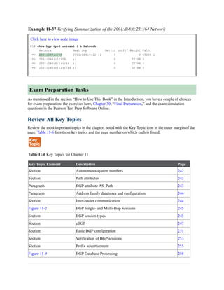 Example 11-37 Verifying Summarization of the 2001:db8:0:23::/64 Network
Click here to view code image
R1# show bgp ipv6 unicast | b Network
Network Next Hop Metric LocPrf Weight Path
*> 2001:DB8::/58 2001:DB8:0:12::2 0 0 65200 i
*> 2001:DB8::1/128 :: 0 32768 ?
*> 2001:DB8:0:1::/64 :: 0 32768 ?
*> 2001:DB8:0:12::/64 :: 0 32768 ?
Exam Preparation Tasks
As mentioned in the section “How to Use This Book” in the Introduction, you have a couple of choices
for exam preparation: the exercises here, Chapter 30, “Final Preparation,” and the exam simulation
questions in the Pearson Test Prep Software Online.
Review All Key Topics
Review the most important topics in the chapter, noted with the Key Topic icon in the outer margin of the
page. Table 11-6 lists these key topics and the page number on which each is found.
Table 11-6 Key Topics for Chapter 11
Key Topic Element Description Page
Section Autonomous system numbers 242
Section Path attributes 243
Paragraph BGP attribute AS_Path 243
Paragraph Address family databases and configuration 244
Section Inter-router communication 244
Figure 11-2 BGP Single- and Multi-Hop Sessions 245
Section BGP session types 245
Section eBGP 247
Section Basic BGP configuration 251
Section Verification of BGP sessions 253
Section Prefix advertisement 255
Figure 11-9 BGP Database Processing 258
 