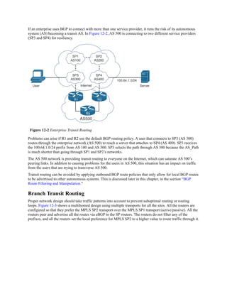 If an enterprise uses BGP to connect with more than one service provider, it runs the risk of its autonomous
system (AS) becoming a transit AS. In Figure 12-2, AS 500 is connecting to two different service providers
(SP3 and SP4) for resiliency.
Figure 12-2 Enterprise Transit Routing
Problems can arise if R1 and R2 use the default BGP routing policy. A user that connects to SP3 (AS 300)
routes through the enterprise network (AS 500) to reach a server that attaches to SP4 (AS 400). SP3 receives
the 100.64.1.0/24 prefix from AS 100 and AS 500. SP3 selects the path through AS 500 because the AS_Path
is much shorter than going through SP1 and SP2’s networks.
The AS 500 network is providing transit routing to everyone on the Internet, which can saturate AS 500’s
peering links. In addition to causing problems for the users in AS 500, this situation has an impact on traffic
from the users that are trying to transverse AS 500.
Transit routing can be avoided by applying outbound BGP route policies that only allow for local BGP routes
to be advertised to other autonomous systems. This is discussed later in this chapter, in the section “BGP
Route Filtering and Manipulation.”
Branch Transit Routing
Proper network design should take traffic patterns into account to prevent suboptimal routing or routing
loops. Figure 12-3 shows a multihomed design using multiple transports for all the sites. All the routers are
configured so that they prefer the MPLS SP2 transport over the MPLS SP1 transport (active/passive). All the
routers peer and advertise all the routes via eBGP to the SP routers. The routers do not filter any of the
prefixes, and all the routers set the local preference for MPLS SP2 to a higher value to route traffic through it.
 