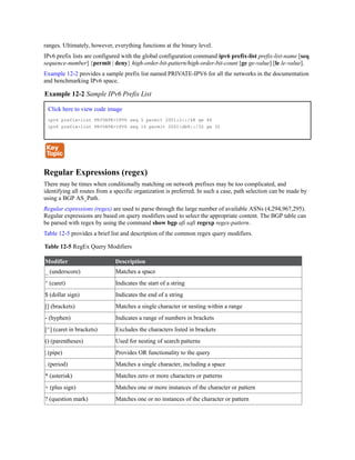 ranges. Ultimately, however, everything functions at the binary level.
IPv6 prefix lists are configured with the global configuration command ipv6 prefix-list prefix-list-name [seq
sequence-number] {permit | deny} high-order-bit-pattern/high-order-bit-count [ge ge-value] [le le-value].
Example 12-2 provides a sample prefix list named PRIVATE-IPV6 for all the networks in the documentation
and benchmarking IPv6 space.
Example 12-2 Sample IPv6 Prefix List
Click here to view code image
ipv6 prefix-list PRIVATE-IPV6 seq 5 permit 2001:2::/48 ge 48
ipv6 prefix-list PRIVATE-IPV6 seq 10 permit 2001:db8::/32 ge 32
Regular Expressions (regex)
There may be times when conditionally matching on network prefixes may be too complicated, and
identifying all routes from a specific organization is preferred. In such a case, path selection can be made by
using a BGP AS_Path.
Regular expressions (regex) are used to parse through the large number of available ASNs (4,294,967,295).
Regular expressions are based on query modifiers used to select the appropriate content. The BGP table can
be parsed with regex by using the command show bgp afi safi regexp regex-pattern.
Table 12-5 provides a brief list and description of the common regex query modifiers.
Table 12-5 RegEx Query Modifiers
Modifier Description
_ (underscore) Matches a space
^ (caret) Indicates the start of a string
$ (dollar sign) Indicates the end of a string
[] (brackets) Matches a single character or nesting within a range
- (hyphen) Indicates a range of numbers in brackets
[^] (caret in brackets) Excludes the characters listed in brackets
() (parentheses) Used for nesting of search patterns
| (pipe) Provides OR functionality to the query
. (period) Matches a single character, including a space
* (asterisk) Matches zero or more characters or patterns
+ (plus sign) Matches one or more instances of the character or pattern
? (question mark) Matches one or no instances of the character or pattern
 