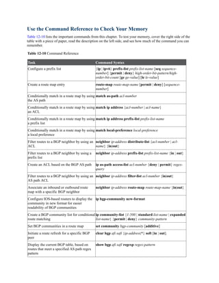 Use the Command Reference to Check Your Memory
Table 12-10 lists the important commands from this chapter. To test your memory, cover the right side of the
table with a piece of paper, read the description on the left side, and see how much of the command you can
remember.
Table 12-10 Command Reference
Task Command Syntax
Configure a prefix list {ip | ipv6} prefix-list prefix-list-name [seq sequence-
number] {permit | deny} high-order-bit-pattern/high-
order-bit-count [ge ge-value] [le le-value]
Create a route map entry route-map route-map-name [permit | deny] [sequence-
number]
Conditionally match in a route map by using
the AS path
match as-path acl-number
Conditionally match in a route map by using
an ACL
match ip address {acl-number | acl-name}
Conditionally match in a route map by using
a prefix list
match ip address prefix-list prefix-list-name
Conditionally match in a route map by using
a local preference
match local-preference local-preference
Filter routes to a BGP neighbor by using an
ACL
neighbor ip-address distribute-list {acl-number | acl-
name} {in|out}
Filter routes to a BGP neighbor by using a
prefix list
neighbor ip-address prefix-list prefix-list-name {in | out}
Create an ACL based on the BGP AS path ip as-path access-list acl-number {deny | permit} regex-
query
Filter routes to a BGP neighbor by using an
AS path ACL
neighbor ip-address filter-list acl-number {in|out}
Associate an inbound or outbound route
map with a specific BGP neighbor
neighbor ip-address route-map route-map-name {in|out}
Configure IOS-based routers to display the
community in new format for easier
readability of BGP communities
ip bgp-community new-format
Create a BGP community list for conditional
route matching
ip community-list {1-500 | standard list-name | expanded
list-name} {permit | deny} community-pattern
Set BGP communities in a route map set community bgp-community [additive]
Initiate a route refresh for a specific BGP
peer
clear bgp afi safi {ip-address|*} soft [in | out].
Display the current BGP table, based on
routes that meet a specified AS path regex
pattern
show bgp afi safi regexp regex-pattern
 
