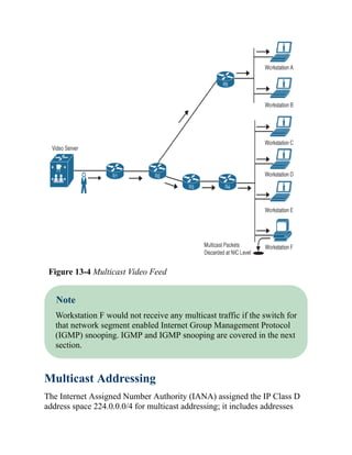 Figure 13-4 Multicast Video Feed
Note
Workstation F would not receive any multicast traffic if the switch for
that network segment enabled Internet Group Management Protocol
(IGMP) snooping. IGMP and IGMP snooping are covered in the next
section.
Multicast Addressing
The Internet Assigned Number Authority (IANA) assigned the IP Class D
address space 224.0.0.0/4 for multicast addressing; it includes addresses
 