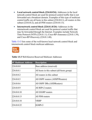 Local network control block (224.0.0/24): Addresses in the local
network control block are used for protocol control traffic that is not
forwarded out a broadcast domain. Examples of this type of multicast
control traffic are all hosts in this subnet (224.0.0.1), all routers in this
subnet (224.0.0.2), and all PIM routers (224.0.0.13).
Internetwork control block (224.0.1.0/24): Addresses in the
internetwork control block are used for protocol control traffic that
may be forwarded through the Internet. Examples include Network
Time Protocol (NTP) (224.0.1.1), Cisco-RP-Announce (224.0.1.39),
and Cisco-RP-Discovery (224.0.1.40).
Table 13-3 lists some of the well-known local network control block and
internetwork control block multicast addresses.
Table 13-3 Well-Known Reserved Multicast Addresses
IP Multicast Address Description
224.0.0.0 Base address (reserved)
224.0.0.1 All hosts in this subnet (all-hosts group)
224.0.0.2 All routers in this subnet
224.0.0.5 All OSPF routers (AllSPFRouters)
224.0.0.6 All OSPF DRs (AllDRouters)
224.0.0.9 All RIPv2 routers
224.0.0.10 All EIGRP routers
224.0.0.13 All PIM routers
224.0.0.18 VRRP
224.0.0.22 IGMPv3
 