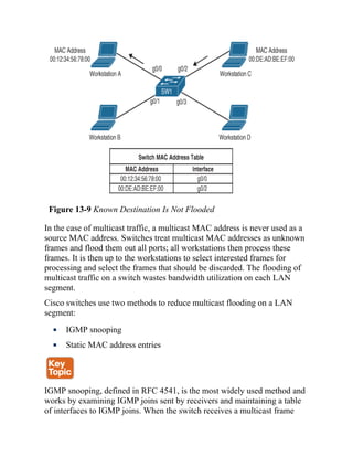 Figure 13-9 Known Destination Is Not Flooded
In the case of multicast traffic, a multicast MAC address is never used as a
source MAC address. Switches treat multicast MAC addresses as unknown
frames and flood them out all ports; all workstations then process these
frames. It is then up to the workstations to select interested frames for
processing and select the frames that should be discarded. The flooding of
multicast traffic on a switch wastes bandwidth utilization on each LAN
segment.
Cisco switches use two methods to reduce multicast flooding on a LAN
segment:
IGMP snooping
Static MAC address entries
IGMP snooping, defined in RFC 4541, is the most widely used method and
works by examining IGMP joins sent by receivers and maintaining a table
of interfaces to IGMP joins. When the switch receives a multicast frame
 