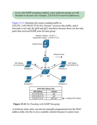 Even with IGMP snooping enabled, some multicast groups are still
flooded on all ports (for example, 224.0.0.0/24 reserved addresses).
Figure 13-11 illustrates the source sending traffic to
239.255.1.1(01:00:5E:7F:01:01). Switch 1 receives this traffic, and it
forwards it out only the g0/0 and g0/2 interfaces because those are the only
ports that received IGMP joins for that group.
Figure 13-11 No Flooding with IGMP Snooping
A multicast static entry can also be manually programmed into the MAC
address table, but this is not a scalable solution because it cannot react
 