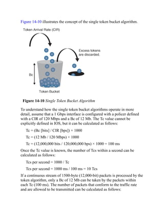 Figure 14-10 illustrates the concept of the single token bucket algorithm.
Figure 14-10 Single Token Bucket Algorithm
To understand how the single token bucket algorithms operate in more
detail, assume that a 1 Gbps interface is configured with a policer defined
with a CIR of 120 Mbps and a Bc of 12 Mb. The Tc value cannot be
explicitly defined in IOS, but it can be calculated as follows:
Tc = (Bc [bits] / CIR [bps]) × 1000
Tc = (12 Mb / 120 Mbps) × 1000
Tc = (12,000,000 bits / 120,000,000 bps) × 1000 = 100 ms
Once the Tc value is known, the number of Tcs within a second can be
calculated as follows:
Tcs per second = 1000 / Tc
Tcs per second = 1000 ms / 100 ms = 10 Tcs
If a continuous stream of 1500-byte (12,000-bit) packets is processed by the
token algorithm, only a Bc of 12 Mb can be taken by the packets within
each Tc (100 ms). The number of packets that conform to the traffic rate
and are allowed to be transmitted can be calculated as follows:
 