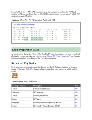 Example 15-43 shows R5’s NAT translation table. By taking the ports from the TCP brief
sessions on R2 and correlating them to R5’s NAT translation table, you can identify which TCP
session belongs to R7 or R8.
Example 15-43 R5’s NAT Translation Table with PAT
Click here to view code image
R5# show ip nat translations
Pro Inside global Inside local Outside local Outside global
icmp 10.45.1.5:4 10.78.9.7:3 10.123.4.1:3 10.123.4.1:4
icmp 10.45.1.5:3 10.78.9.8:3 10.123.4.1:3 10.123.4.1:3
icmp 10.45.1.5:1 10.78.9.9:1 10.123.4.1:1 10.123.4.1:1
tcp 10.45.1.5:51576 10.78.9.7:51576 10.123.4.2:23 10.123.4.2:23
tcp 10.45.1.5:31515 10.78.9.8:31515 10.123.4.2:23 10.123.4.2:2
Exam Preparation Tasks
As mentioned in the section “How to Use This Book” in the Introduction, you have a couple of
choices for exam preparation: the exercises here, Chapter 30, “Final Preparation,” and the exam
simulation questions in the Pearson Test Prep Software Online.
Review All Key Topics
Review the most important topics in the chapter, noted with the key topics icon in the outer
margin of the page. Table 15-3 lists these key topics and the page number on which each is
found.
Table 15-3 Key Topics for Chapter 15
Key Topic Element Description Page
Section Network Time Protocol 396
Paragraph NTP stratums 396
Section Stratum preferences 399
Section NTP peers 400
Paragraph First-hop redundancy protocol (FHRP) 402
Section Hot Standby Router Protocol (HSRP) 404
 