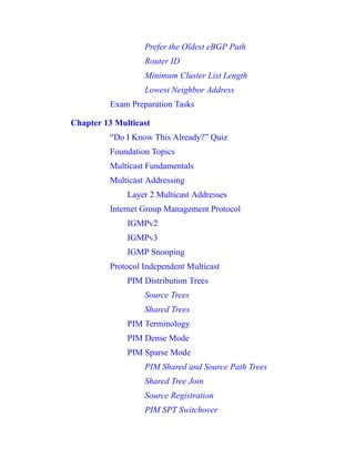 Prefer the Oldest eBGP Path
Router ID
Minimum Cluster List Length
Lowest Neighbor Address
Exam Preparation Tasks
Chapter 13 Multicast
“Do I Know This Already?” Quiz
Foundation Topics
Multicast Fundamentals
Multicast Addressing
Layer 2 Multicast Addresses
Internet Group Management Protocol
IGMPv2
IGMPv3
IGMP Snooping
Protocol Independent Multicast
PIM Distribution Trees
Source Trees
Shared Trees
PIM Terminology
PIM Dense Mode
PIM Sparse Mode
PIM Shared and Source Path Trees
Shared Tree Join
Source Registration
PIM SPT Switchover
 