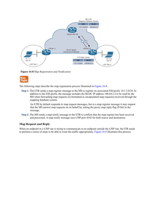 Figure 16-8 Map Registration and Notification
The following steps describe the map registration process illustrated in Figure 16-8:
Step 1. The ETR sends a map register message to the MS to register its associated EID prefix 10.1.2.0/24. In
addition to the EID prefix, the message includes the RLOC IP address 100.64.2.2 to be used by the
MS when forwarding map requests (re-formatted as encapsulated map requests) received through the
mapping database system.
An ETR by default responds to map request messages, but in a map register message it may request
that the MS answer map requests on its behalf by setting the proxy map reply flag (P-bit) in the
message.
Step 2. The MS sends a map notify message to the ETR to confirm that the map register has been received
and processed. A map notify message uses UDP port 4342 for both source and destination.
Map Request and Reply
When an endpoint in a LISP site is trying to communicate to an endpoint outside the LISP site, the ITR needs
to perform a series of steps to be able to route the traffic appropriately. Figure 16-9 illustrates this process.
 