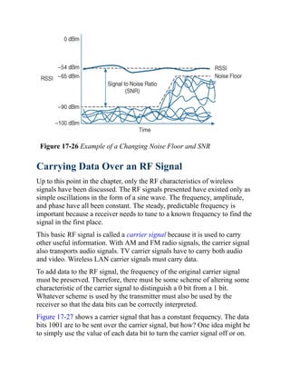 Figure 17-26 Example of a Changing Noise Floor and SNR
Carrying Data Over an RF Signal
Up to this point in the chapter, only the RF characteristics of wireless
signals have been discussed. The RF signals presented have existed only as
simple oscillations in the form of a sine wave. The frequency, amplitude,
and phase have all been constant. The steady, predictable frequency is
important because a receiver needs to tune to a known frequency to find the
signal in the first place.
This basic RF signal is called a carrier signal because it is used to carry
other useful information. With AM and FM radio signals, the carrier signal
also transports audio signals. TV carrier signals have to carry both audio
and video. Wireless LAN carrier signals must carry data.
To add data to the RF signal, the frequency of the original carrier signal
must be preserved. Therefore, there must be some scheme of altering some
characteristic of the carrier signal to distinguish a 0 bit from a 1 bit.
Whatever scheme is used by the transmitter must also be used by the
receiver so that the data bits can be correctly interpreted.
Figure 17-27 shows a carrier signal that has a constant frequency. The data
bits 1001 are to be sent over the carrier signal, but how? One idea might be
to simply use the value of each data bit to turn the carrier signal off or on.
 