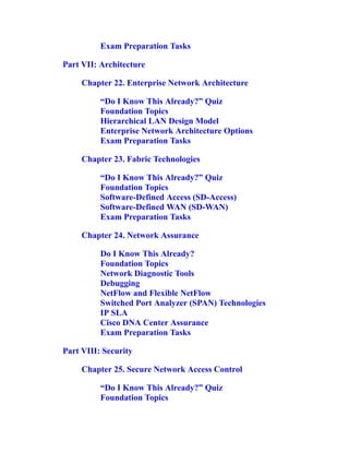 Exam Preparation Tasks
Part VII: Architecture
Chapter 22. Enterprise Network Architecture
“Do I Know This Already?” Quiz
Foundation Topics
Hierarchical LAN Design Model
Enterprise Network Architecture Options
Exam Preparation Tasks
Chapter 23. Fabric Technologies
“Do I Know This Already?” Quiz
Foundation Topics
Software-Defined Access (SD-Access)
Software-Defined WAN (SD-WAN)
Exam Preparation Tasks
Chapter 24. Network Assurance
Do I Know This Already?
Foundation Topics
Network Diagnostic Tools
Debugging
NetFlow and Flexible NetFlow
Switched Port Analyzer (SPAN) Technologies
IP SLA
Cisco DNA Center Assurance
Exam Preparation Tasks
Part VIII: Security
Chapter 25. Secure Network Access Control
“Do I Know This Already?” Quiz
Foundation Topics
 