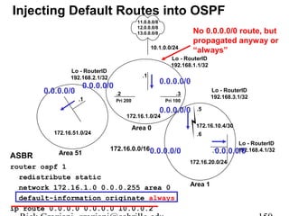 Injecting Default Routes into OSPF 
11.0.0.0/8 
12.0.0.0/8 
13.0.0.0/8 
10.1.0.0/24 
.1 
No 0.0.0.0/0 route, but 
propagated anyway or 
“always” 
Lo - RouterID 
192.168.1.1/32 
0.0.0.0/0 0.0.0.0/0 
.2 .3 
Lo - RouterID 
192.168.3.1/32 Pri 200 Pri 100 
0.0.0.0/0 
172.16.1.0/24 
Area 0 
172.16.0.0/16 
Lo - RouterID 
192.168.2.1/32 
.1 
0.0.0.0/0 
172.16.51.0/24 
.5 
172.16.10.4/30 
.6 
0.0.0.0/0 0.0.0.0/0 
Area 51 Internal 
ASBR 
router ospf 1 
ASBR 
ABR-1 ABR-2 
redistribute static 
network 172.16.1.0 0.0.0.255 area 0 
default-information originate always 
ip route 0.0.0.0 0.0.0.0 10.0.0.2 
.1 
172.16.20.0/24 
Area 1 
Lo - RouterID 
192.168.4.1/32 
Rick Graziani graziani@cabrillo.edu 150 
 