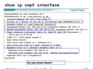 show ip ospf interface 
SanJose3#show ip ospf interface fa 0 
FastEthernet0 is up, line protocol is up 
Internet Address 192.168.1.3/24, Area 0 
Process ID 1, Router ID 192.168.31.33, Network Type BROADCAST, Cost: 1 
Transmit Delay is 1 sec, State DR, Priority 1 
Designated Router (ID) 192.168.31.33, Interface address 192.168.1.3 
Backup Designated router (ID) 192.168.31.22, Interface address 192.168.1.2 
Timer intervals configured, Hello 10, Dead 40, Wait 40, Retransmit 5 
Hello due in 00:00:08 
Index 1/1, flood queue length 0 
Next 0x0(0)/0x0(0) 
Last flood scan length is 1, maximum is 2 
Last flood scan time is 0 msec, maximum is 0 msec 
Neighbor Count is 2, Adjacent neighbor count is 2 
Adjacent with neighbor 192.168.31.11 
Adjacent with neighbor 192.168.31.22 (Backup Designated Router) 
Suppress hello for 0 neighbor(s) 
SanJose3# 
Do you know these? 
Rick Graziani graziani@cabrillo.edu 164 
 