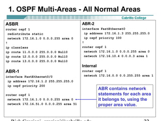 1. OSPF Multi-Areas - All Normal Areas 
ASBR 
router ospf 1 
redistribute static 
network 172.16.1.0 0.0.0.255 area 0 
! 
ip classless 
ip route 11.0.0.0 255.0.0.0 Null0 
ip route 12.0.0.0 255.0.0.0 Null0 
ip route 13.0.0.0 255.0.0.0 Null0 
ABR-1 
interface FastEthernet0/0 
ip address 172.16.1.2 255.255.255.0 
ip ospf priority 200 
router ospf 1 
network 172.16.1.0 0.0.0.255 area 0 
network 172.16.51.0 0.0.0.255 area 51 
ABR-2 
interface FastEthernet0 
ip address 172.16.1.3 255.255.255.0 
ip ospf priority 100 
! 
router ospf 1 
network 172.16.1.0 0.0.0.255 area 0 
network 172.16.10.4 0.0.0.3 area 1 
Internal 
router ospf 1 
network 172.16.0.0 0.0.255.255 area 1 
ABR contains network 
statements for each area 
it belongs to, using the 
proper area value. 
Rick Graziani graziani@cabrillo.edu 22 
 