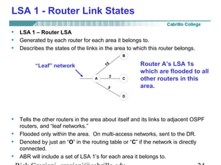 LSA 1 - Router Link States 
• LSA 1 – Router LSA 
• Generated by each router for each area it belongs to. 
• Describes the states of the links in the area to which this router belongs. 
15 
2 
B 
A C 
D 
5 
Router A’s LSA 1s 
which are flooded to all 
other routers in this 
area. 
“Leaf” network 
• Tells the other routers in the area about itself and its links to adjacent OSPF 
routers, and “leaf networks.” 
• Flooded only within the area. On multi-access networks, sent to the DR. 
• Denoted by just an “O” in the routing table or “C” if the network is directly 
connected. 
• ABR will include a set of LSA 1’s for each area it belongs to. 
Rick Graziani graziani@cabrillo.edu 24 
 