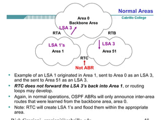 Area 0 
Backbone Area 
LSA 3 
RTA RTB 
LSA 3 
LSA 1’s 
Area 1 Area 51 
RTC 
Normal Areas 
Not ABR 
• Example of an LSA 1 originated in Area 1, sent to Area 0 as an LSA 3, 
and the sent to Area 51 as an LSA 3. 
• RTC does not forward the LSA 3’s back into Area 1, or routing 
loops may develop. 
• Again, in normal operations, OSPF ABRs will only announce inter-area 
routes that were learned from the backbone area, area 0. 
• Note: RTC will create LSA 1’s and flood them within the appropriate 
area. 
Rick Graziani graziani@cabrillo.edu 48 
 