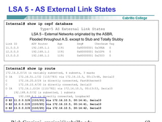 LSA 5 - AS External Link States 
Internal# show ip ospf database 
Type-5 AS External Link States 
LSA 5 - External Networks originated by the ASBR, 
Flooded throughout A.S. except to Stub and Totally Stubby 
Link ID ADV Router Age Seq# Checksum Tag 
11.0.0.0 192.168.1.1 1191 0x80000001 0x3FEA 0 
12.0.0.0 192.168.1.1 1191 0x80000001 0x32F6 0 
13.0.0.0 192.168.1.1 1191 0x80000001 0x2503 0 
Internal# show ip route 
172.16.0.0/16 is variably subnetted, 4 subnets, 3 masks 
O IA 172.16.51.1/32 [110/783] via 172.16.10.5, 00:13:48, Serial0 
C 172.16.20.0/24 is directly connected, FastEthernet0 
C 172.16.10.4/30 is directly connected, Serial0 
O IA 172.16.1.0/24 [110/782] via 172.16.10.5, 00:13:53, Serial0 
192.168.4.0/32 is subnetted, 1 subnets 
C 192.168.4.1 is directly connected, Loopback0 
O E2 11.0.0.0/8 [110/20] via 172.16.10.5, 00:14:41, Serial0 
O E2 12.0.0.0/8 [110/20] via 172.16.10.5, 00:14:41, Serial0 
O E2 13.0.0.0/8 [110/20] via 172.16.10.5, 00:14:42, Serial0 
Rick Graziani graziani@cabrillo.edu 69 
 