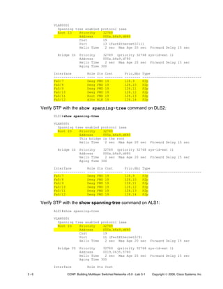 3 - 6 CCNP: Building Multilayer Switched Networks v5.0 - Lab 3-1 Copyright © 2006, Cisco Systems, Inc
VLAN0001
Spanning tree enabled protocol ieee
Root ID Priority 32769
Address 000a.b8a9.d680
Cost 19
Port 13 (FastEthernet0/11)
Hello Time 2 sec Max Age 20 sec Forward Delay 15 sec
Bridge ID Priority 32769 (priority 32768 sys-id-ext 1)
Address 000a.b8a9.d780
Hello Time 2 sec Max Age 20 sec Forward Delay 15 sec
Aging Time 300
Interface Role Sts Cost Prio.Nbr Type
---------------- ---- --- --------- -------- ------------------------------
Fa0/7 Desg FWD 19 128.9 P2p
Fa0/8 Desg FWD 19 128.10 P2p
Fa0/9 Desg FWD 19 128.11 P2p
Fa0/10 Desg FWD 19 128.12 P2p
Fa0/11 Root FWD 19 128.13 P2p
Fa0/12 Altn BLK 19 128.14 P2p
Verify STP with the show spanning-tree command on DLS2:
DLS2#show spanning-tree
VLAN0001
Spanning tree enabled protocol ieee
Root ID Priority 32769
Address 000a.b8a9.d680
This bridge is the root
Hello Time 2 sec Max Age 20 sec Forward Delay 15 sec
Bridge ID Priority 32769 (priority 32768 sys-id-ext 1)
Address 000a.b8a9.d680
Hello Time 2 sec Max Age 20 sec Forward Delay 15 sec
Aging Time 300
Interface Role Sts Cost Prio.Nbr Type
---------------- ---- --- --------- -------- ------------------------------
Fa0/7 Desg FWD 19 128.9 P2p
Fa0/8 Desg FWD 19 128.10 P2p
Fa0/9 Desg FWD 19 128.11 P2p
Fa0/10 Desg FWD 19 128.12 P2p
Fa0/11 Desg FWD 19 128.13 P2p
Fa0/12 Desg FWD 19 128.14 P2p
Verify STP with the show spanning-tree command on ALS1:
ALS1#show spanning-tree
VLAN0001
Spanning tree enabled protocol ieee
Root ID Priority 32769
Address 000a.b8a9.d680
Cost 19
Port 11 (FastEthernet0/9)
Hello Time 2 sec Max Age 20 sec Forward Delay 15 sec
Bridge ID Priority 32769 (priority 32768 sys-id-ext 1)
Address 0019.0635.5780
Hello Time 2 sec Max Age 20 sec Forward Delay 15 sec
Aging Time 300
Interface Role Sts Cost
 