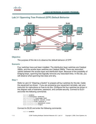 1 - 6 CCNP: Building Multilayer Switched Networks v5.0 - Lab 3-1 Copyright © 2006, Cisco Systems, Inc
Lab 3-1 Spanning Tree Protocol (STP) Default Behavior
Objective
The purpose of this lab is to observe the default behavior of STP.
Scenario
Four switches have just been installed. The distribution layer switches are Catalyst
3560s, and the access layer switches are Catalyst 2960s. There are redundant
uplinks between the access layer and distribution layer. Because of the possibility of
bridging loops, spanning tree logically removes any redundant links. In this lab, you
will observe what spanning tree does and why.
Step 1
Refer to Lab 2.0 “Clearing a Switch” to prepare all four switches for this lab. Cable
the equipment as shown. If you are accessing your equipment remotely, ask your
instructor for instructions on how to do this. Configure the four switches as shown in
the diagram with a hostname, password, and console security. Connect to DLS1
and enter the following commands:
Switch>enable
Switch#configure terminal
Switch(config)#hostname DLS1
DLS1(config)#enable secret class
DLS1(config)#line console 0
DLS1(config-line)#password cisco
DLS1(config-line)#login
Connect to DLS2 and enter the following commands:
Switch>enable
 