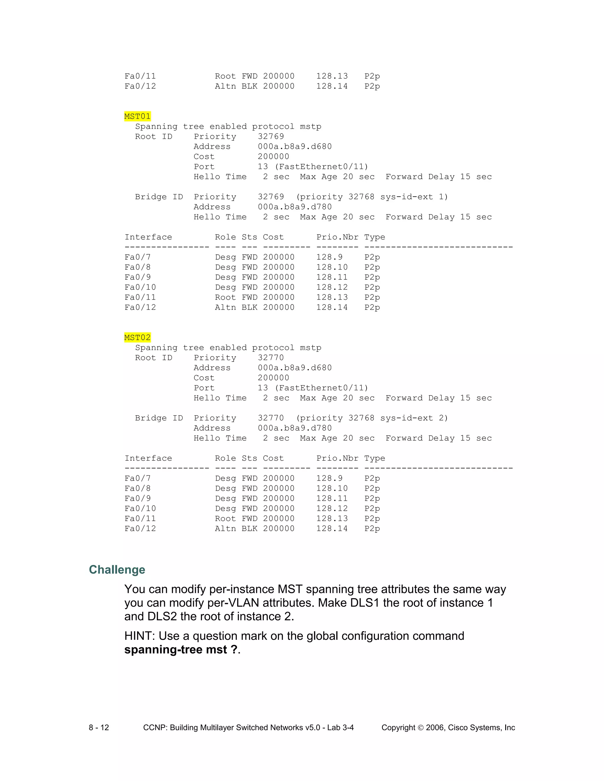 8 - 12 CCNP: Building Multilayer Switched Networks v5.0 - Lab 3-4 Copyright © 2006, Cisco Systems, Inc
Fa0/11 Root FWD 200000 128.13 P2p
Fa0/12 Altn BLK 200000 128.14 P2p
MST01
Spanning tree enabled protocol mstp
Root ID Priority 32769
Address 000a.b8a9.d680
Cost 200000
Port 13 (FastEthernet0/11)
Hello Time 2 sec Max Age 20 sec Forward Delay 15 sec
Bridge ID Priority 32769 (priority 32768 sys-id-ext 1)
Address 000a.b8a9.d780
Hello Time 2 sec Max Age 20 sec Forward Delay 15 sec
Interface Role Sts Cost Prio.Nbr Type
---------------- ---- --- --------- -------- ----------------------------
Fa0/7 Desg FWD 200000 128.9 P2p
Fa0/8 Desg FWD 200000 128.10 P2p
Fa0/9 Desg FWD 200000 128.11 P2p
Fa0/10 Desg FWD 200000 128.12 P2p
Fa0/11 Root FWD 200000 128.13 P2p
Fa0/12 Altn BLK 200000 128.14 P2p
MST02
Spanning tree enabled protocol mstp
Root ID Priority 32770
Address 000a.b8a9.d680
Cost 200000
Port 13 (FastEthernet0/11)
Hello Time 2 sec Max Age 20 sec Forward Delay 15 sec
Bridge ID Priority 32770 (priority 32768 sys-id-ext 2)
Address 000a.b8a9.d780
Hello Time 2 sec Max Age 20 sec Forward Delay 15 sec
Interface Role Sts Cost Prio.Nbr Type
---------------- ---- --- --------- -------- ----------------------------
Fa0/7 Desg FWD 200000 128.9 P2p
Fa0/8 Desg FWD 200000 128.10 P2p
Fa0/9 Desg FWD 200000 128.11 P2p
Fa0/10 Desg FWD 200000 128.12 P2p
Fa0/11 Root FWD 200000 128.13 P2p
Fa0/12 Altn BLK 200000 128.14 P2p
Challenge
You can modify per-instance MST spanning tree attributes the same way
you can modify per-VLAN attributes. Make DLS1 the root of instance 1
and DLS2 the root of instance 2.
HINT: Use a question mark on the global configuration command
spanning-tree mst ?.
 