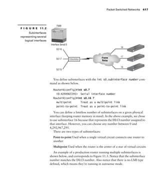 Packet Switched Networks 417
You define subinterfaces with the int s0.subinterface number com-
mand as shown below.
RouterA(config)#int s0.?
<0-4294967295> Serial interface number
RouterA(config)#int s0.16 ?
multipoint Treat as a multipoint link
point-to-point Treat as a point-to-point link
You can define a limitless number of subinterfaces on a given physical
interface (keeping router memory in mind). In the above example, we chose
to use subinterface 16 because that represents the DLCI number assigned to
that interface. However, you can choose any number between 0 and
4,292,967,295.
There are two types of subinterfaces:
Point-to-point Used when a single virtual circuit connects one router to
another
Multipoint Used when the router is the center of a star of virtual circuits
An example of a production router running multiple subinterfaces is
shown below, and corresponds to Figure 11.3. Notice that the subinterface
number matches the DLCI number. Also notice that there is no LMI type
defined, which means they’re running in autosense mode.
F I G U R E 11.2
Subinterfaces
representing several
logical interfaces
 