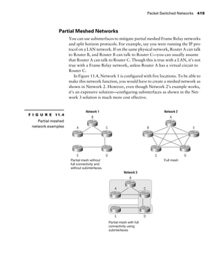 Packet Switched Networks 419
Partial Meshed Networks
You can use subinterfaces to mitigate partial meshed Frame Relay networks
and split horizon protocols. For example, say you were running the IP pro-
tocol on a LAN network. If on the same physical network, Router A can talk
to Router B, and Router B can talk to Router C—you can usually assume
that Router A can talk to Router C. Though this is true with a LAN, it’s not
true with a Frame Relay network, unless Router A has a virtual circuit to
Router C.
In Figure 11.4, Network 1 is configured with five locations. To be able to
make this network function, you would have to create a meshed network as
shown in Network 2. However, even though Network 2’s example works,
it’s an expensive solution—configuring subinterfaces as shown in the Net-
work 3 solution is much more cost effective.
F I G U R E 11.4
Partial meshed
network examples
 