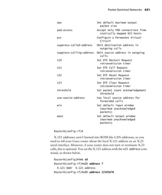 Packet Switched Networks 431
ops Set default maximum output
packet size
pad-access Accept only PAD connections from
statically mapped X25 hosts
pvc Configure a Permanent Virtual
Circuit
suppress-called-address Omit destination address in
outgoing calls
suppress-calling-address Omit source address in outgoing
calls
t20 Set DTE Restart Request
retransmission timer
t21 Set DTE Call Request
retransmission timer
t22 Set DTE Reset Request
retransmission timer
t23 Set DTE Clear Request
retransmission timer
threshold Set packet count acknowledgement
threshold
use-source-address Use local source address for
forwarded calls
win Set default input window
(maximum unacknowledged
packets)
wout Set default output window
(maximum unacknowledged
packets)
RouterA(config-if)#
X.121 addresses aren’t burned into ROM like LAN addresses, so you
need to tell your Cisco router about the local X.121 address on an X.25
serial interface. However, if your router does not start or terminate X.25
calls, this is optional. You set the X.121 address with the x25 address com-
mand, as shown below.
RouterA(config)#int s0
RouterA(config-if)#x25 address ?
X.121 Addr X.121 address
RouterA(config-if)#x25 address 12345678
 