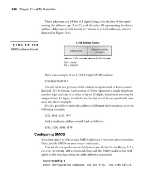 Chapter 11 s WAN Scalability438
These addresses are 64 bits (15 digits) long, with the first 4 bits repre-
senting the address type (E or C), and the other 60 representing the device
address. Addresses in this format are known as E.164 addresses, and are
depicted in Figure 11.6.
Here’s an example of an E.164 15-digit SMDS address:
C25266672424FFFF
The 60-bit device portion of the address is represented in binary-coded
decimal (BCD) format. Each section of 4 bits represents a single telephone
number digit and can be a value of up to 15 digits. Sometimes you may be
assigned only 11 digits, in which case the last 4 will be occupied with ones
as in the above example.
It’s also possible to enter the address in Ethernet-style notation, as in the
following example:
C252.6666.2323.FFFF
And a multicast address would look as follows:
E291.1000.9999.FFFF
Conﬁguring SMDS
Your first step is to obtain your SMDS addresses from your service provider.
Next, enable SMDS on your router interface(s).
You set the encapsulation method just as you do for Frame Relay, X.25,
etc. Use the encap smds command, then add the SMDS address that will
apply to the interface using the smds address command:
Router#config t
Enter configuration commands, one per line. End with CNTL/Z.
F I G U R E 11.6
SMDS address format
 