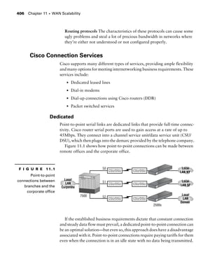Chapter 11 s WAN Scalability406
Routing protocols The characteristics of these protocols can cause some
ugly problems and steal a lot of precious bandwidth in networks where
they’re either not understood or not configured properly.
Cisco Connection Services
Cisco supports many different types of services, providing ample flexibility
and many options for meeting internetworking business requirements. These
services include:
s Dedicated leased lines
s Dial-in modems
s Dial-up connections using Cisco routers (DDR)
s Packet switched services
Dedicated
Point-to-point serial links are dedicated links that provide full-time connec-
tivity. Cisco router serial ports are used to gain access at a rate of up to
45Mbps. They connect into a channel service unit/data service unit (CSU/
DSU), which then plugs into the demarc provided by the telephone company.
Figure 11.1 shows how point-to-point connections can be made between
remote offices and the corporate office.
If the established business requirements dictate that constant connection
and steady data flow must prevail, a dedicated point-to-point connection can
be an optimal solution—but even so, this approach does have a disadvantage
associated with it. Point-to-point connections require paying tariffs for them
even when the connection is in an idle state with no data being transmitted.
F I G U R E 11.1
Point-to-point
connections between
branches and the
corporate office
 