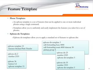 202020
Feature Template
• Phone Templates
–An ephone template is a set of features that can be applied to one or more individual
phones using a single command.
–Templates allow you to uniformly and easily implement the features you select for a set of
phones.
• Ephone-dn Templates
–Ephone-dn templates allow you to apply a standard set of features to ephone-dns
ephone-template 15
features blocked Park Trnsfer
ephone-dn 2
number 2333
ephone 36
button 1:2
ephone-template 15
ephone-dn-template 3
call-forwarding busy 4000
call-forwarding noan 4000 timeout 30
pickup group 4
ephone-dn 23
number 2323
ephone-dn-template 3
ephone-dn 33
number 3333
ephone-dn-template 3
 