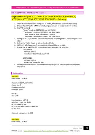 TRAINER: SAGAR | www.NetworkJourney.com | www.youtube.com/c/NetworkJourney | CCNP Enterprise
CCNP ENTERPRISE 2020 LAB WORKBOOK|| TRAINER: SAGAR || WWW.YOUTUBE.COM/C/NETWORKJOURNEY
10April 24, 2020
LAB #2 CONFIGURE - TRUNK and VTP version 2
Objectives: Configure SCOTSW01, SCOTSW02, SCOTSW03, SCOTSW04,
SCOTSW05, SCOTSW06, SCOTSW07, SCOTSW08 as following:
1. The VTP domain should be configured to “CCNP_ENTERPRISE” (without the quotes)
2. Ensure that VTP traffic is MD5 secured using a password of “cisco” (without quotes)
3. Use VTP version 2
“Server” mode on SCOTSW01 and SCOTSW02.
“Transparent” mode on SCOTSW03 and SCOTSW04
“Client” mode on SCOTSW05 and SCOTSW06
“Transparent” mode on SCOTSW07 and SCOTSW08
4. Configure 802.1q trunk links between the switches according to the Layer 2 Diagram show
above
5. Only active VLANs should be allowed on trunk links
6. VLAN 811 MTU(Maximum Transmission Unit) should be set to 1400
7. Ensure that VLAN 666 traffic is not tagged when sent over the trunk links
SCOTSW01#
int range gi0/0-1
no switchport trunk native vlan 666
SCOTSW02#
int range gi0/0-1
no sw trunk native vlan 666
8. After synchronization both switches must not propagate VLAN configuration changes to
each other
Configuration:
SCOTW01
hostname SCOTSW01
vtp domain CCNP_ENTERPRISE
vtp version 2
vtp password cisco
vtp mode server
vlan 811
mtu 1400
interface range gi0/0-3
switchport trunk enc dot1q
sw tr native vlan 666
sw tr all vlan 99,100,110,120,666,999
sw mo trunk
vtp mode transparent (task#8)
SCOTSW02
hostname SCOTSW02
 