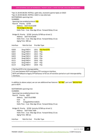 TRAINER: SAGAR | www.NetworkJourney.com | www.youtube.com/c/NetworkJourney | CCNP Enterprise
CCNP ENTERPRISE 2020 LAB WORKBOOK|| TRAINER: SAGAR || WWW.YOUTUBE.COM/C/NETWORKJOURNEY
29April 24, 2020
*Apr 21 20:49:38.054: RSTP(1): updt roles, received superior bpdu on Gi0/2
*Apr 21 20:49:38.055: RSTP(1): Gi0/2 is now alternate
SCOTSW05#sh spanning-tree
VLAN0001
Spanning tree enabled protocol rstp
Root ID Priority 32769
Address 0c67.9114.be00
This bridge is the root
Hello Time 2 sec Max Age 20 sec Forward Delay 15 sec
Bridge ID Priority 32769 (priority 32768 sys-id-ext 1)
Address 0c67.9114.be00
Hello Time 2 sec Max Age 20 sec Forward Delay 15 sec
Aging Time 300 sec
Interface Role Sts Cost Prio.Nbr Type
------------------- ---- --- --------- -------- --------------------------------
Gi0/0 Desg FWD 4 128.1 P2p Peer(STP)
Gi0/1 Desg FWD 4 128.2 P2p
Gi0/2 Desg FWD 4 128.3 P2p
Gi0/3 Desg FWD 4 128.4 P2p
Gi1/0 Desg FWD 4 128.5 P2p
Gi1/1 Desg FWD 4 128.6 P2p
Gi1/2 Desg FWD 4 128.7 P2p
Gi1/3 Desg FWD 4 128.8 P2p
P2p Peer(STP) is for interoperability.
It is seen between RSTP and legacy STP running on interface.
RSTP will fallback to legacy STP behaviour of 50 sec of transition period on such interoperability
interfaces.
In addition to above output, we can see additional two features “ALT BLK” port and “BACKUP BLK”
port in RSTP.
SCOTSW01#sh spanning-tree
VLAN0001
Spanning tree enabled protocol rstp
Root ID Priority 4097
Address 0c67.91c0.f900
Cost 12
Port 3 (GigabitEthernet0/2)
Hello Time 2 sec Max Age 20 sec Forward Delay 15 sec
Bridge ID Priority 32769 (priority 32768 sys-id-ext 1)
Address 0c67.916e.7e00
Hello Time 2 sec Max Age 20 sec Forward Delay 15 sec
Aging Time 300 sec
Interface Role Sts Cost Prio.Nbr Type
------------------- ---- --- --------- -------- --------------------------------
 