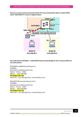 TRAINER: SAGAR | www.NetworkJourney.com | www.youtube.com/c/NetworkJourney | CCNP Enterprise
CCNP ENTERPRISE 2020 LAB WORKBOOK|| TRAINER: SAGAR || WWW.YOUTUBE.COM/C/NETWORKJOURNEY
39April 24, 2020
Now let us assume someone disconnected the PC1 and connected that cable to another BPDU
switch “BAD-SWITCH” as show in diagram below:
Also, both Switch SCOTSW07 <-> BAD-SWITCH becomes Root Bridge for Vlan 1 because BPDU are
not sent/received
SCOTSW07(config)#show spanning vlan 1
VLAN0001
Spanning tree enabled protocol rstp
Root ID Priority 32769
Address aabb.cc00.0300
This bridge is the root
Hello Time 2 sec Max Age 20 sec Forward Delay 15 sec
BAD-SWITCH# show spanning-tree vlan 1
VLAN0001
Spanning tree enabled protocol rstp
Root ID Priority 32769
Address aabb.cc00.0400
This bridge is the root
Hello Time 2 sec Max Age 20 sec Forward Delay 15 sec
 