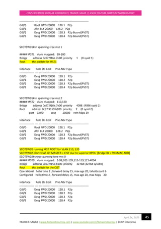 TRAINER: SAGAR | www.NetworkJourney.com | www.youtube.com/c/NetworkJourney | CCNP Enterprise
CCNP ENTERPRISE 2020 LAB WORKBOOK|| TRAINER: SAGAR || WWW.YOUTUBE.COM/C/NETWORKJOURNEY
45April 24, 2020
---------------- ---- --- --------- -------- --------------------------------
Gi0/0 Root FWD 20000 128.1 P2p
Gi0/1 Altn BLK 20000 128.2 P2p
Gi0/2 Desg FWD 20000 128.3 P2p Bound(PVST)
Gi0/3 Desg FWD 20000 128.4 P2p Bound(PVST)
SCOTSW01#sh spanning-tree mst 1
##### MST1 vlans mapped: 99-100
Bridge address 0c67.916e.7e00 priority 1 (0 sysid 1)
Root this switch for MST1
Interface Role Sts Cost Prio.Nbr Type
---------------- ---- --- --------- -------- --------------------------------
Gi0/0 Desg FWD 20000 128.1 P2p
Gi0/1 Desg FWD 20000 128.2 P2p
Gi0/2 Desg FWD 20000 128.3 P2p Bound(PVST)
Gi0/3 Desg FWD 20000 128.4 P2p Bound(PVST)
SCOTSW01#sh spanning-tree mst 2
##### MST2 vlans mapped: 110,120
Bridge address 0c67.916e.7e00 priority 4098 (4096 sysid 2)
Root address 0c67.9159.b100 priority 2 (0 sysid 2)
port Gi0/0 cost 20000 rem hops 19
Interface Role Sts Cost Prio.Nbr Type
---------------- ---- --- --------- -------- --------------------------------
Gi0/0 Root FWD 20000 128.1 P2p
Gi0/1 Altn BLK 20000 128.2 P2p
Gi0/2 Desg FWD 20000 128.3 P2p Bound(PVST)
Gi0/3 Desg FWD 20000 128.4 P2p Bound(PVST)
SCOTSW02 running MST ROOT for VLAN 110, 120
SCOTSW02 elected AS IST MASTER = CIST due to superior BPDU [Bridge ID = PRI+MAC ADD]
SCOTSW02#show spanning-tree mst 0
##### MST0 vlans mapped: 1-98,101-109,111-119,121-4094
Bridge address 0c67.9159.b100 priority 32768 (32768 sysid 0)
Root this switch for the CIST
Operational hello time 2 , forward delay 15, max age 20, txholdcount 6
Configured hello time 2 , forward delay 15, max age 20, max hops 20
Interface Role Sts Cost Prio.Nbr Type
---------------- ---- --- --------- -------- --------------------------------
Gi0/0 Desg FWD 20000 128.1 P2p
Gi0/1 Desg FWD 20000 128.2 P2p
Gi0/2 Desg FWD 20000 128.3 P2p
Gi0/3 Desg FWD 20000 128.4 P2p
 