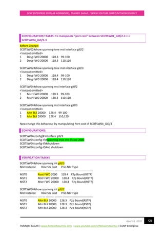 TRAINER: SAGAR | www.NetworkJourney.com | www.youtube.com/c/NetworkJourney | CCNP Enterprise
CCNP ENTERPRISE 2020 LAB WORKBOOK|| TRAINER: SAGAR || WWW.YOUTUBE.COM/C/NETWORKJOURNEY
50April 24, 2020
CONFIGURATION TASK#5: To manipulate “port cost” between SCOTSW02_Gi0/2-3 <->
SCOTSW04_Gi0/2-3
Before Change:
SCOTSW02#show spanning-tree mst interface gi0/2
<!output omitted>
1 Desg FWD 20000 128.3 99-100
2 Desg FWD 20000 128.3 110,120
SCOTSW02#show spanning-tree mst interface gi0/3
<!output omitted>
1 Desg FWD 20000 128.4 99-100
2 Desg FWD 20000 128.4 110,120
SCOTSW04#show spanning mst interface gi0/2
<!output omitted>
1 Mstr FWD 20000 128.3 99-100
2 Mstr FWD 20000 128.3 110,120
SCOTSW04#show spanning mst interface gi0/3
<!output omitted>
1 Altn BLK 20000 128.4 99-100
2 Altn BLK 20000 128.4 110,120
Now change this behaviour by manipulating Port-cost of SCOTSW04_Gi0/3
CONFIGURATIONS:
SCOTSW04(config)# interface gi0/3
SCOTSW04(config-if)#spanning-tree mst 0 cost 2000
SCOTSW04(config-if)#shutdown
SCOTSW04(config-if)#no shutdown
VERIFICATION TASK#5
SCOTSW04#show spanning int gi0/3
Mst Instance Role Sts Cost Prio.Nbr Type
------------------- ---- --- --------- -------- --------------------------------
MST0 Root FWD 2000 128.4 P2p Bound(RSTP)
MST1 Mstr FWD 20000 128.4 P2p Bound(RSTP)
MST2 Mstr FWD 20000 128.4 P2p Bound(RSTP)
SCOTSW04#show spanning int gi0/2
Mst Instance Role Sts Cost Prio.Nbr Type
------------------- ---- --- --------- -------- --------------------------------
MST0 Altn BLK 20000 128.3 P2p Bound(RSTP)
MST1 Altn BLK 20000 128.3 P2p Bound(RSTP)
MST2 Altn BLK 20000 128.3 P2p Bound(RSTP)
 