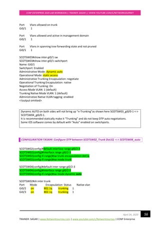 TRAINER: SAGAR | www.NetworkJourney.com | www.youtube.com/c/NetworkJourney | CCNP Enterprise
CCNP ENTERPRISE 2020 LAB WORKBOOK|| TRAINER: SAGAR || WWW.YOUTUBE.COM/C/NETWORKJOURNEY
56April 24, 2020
Port Vlans allowed on trunk
Gi0/1 1
Port Vlans allowed and active in management domain
Gi0/1 1
Port Vlans in spanning tree forwarding state and not pruned
Gi0/1 1
SCOTSW03#show inter gi0/1 sw
SCOTSW03#show inter gi0/1 switchport
Name: Gi0/1
Switchport: Enabled
Administrative Mode: dynamic auto
Operational Mode: static access
Administrative Trunking Encapsulation: negotiate
Operational Trunking Encapsulation: native
Negotiation of Trunking: On
Access Mode VLAN: 1 (default)
Trunking Native Mode VLAN: 1 (default)
Administrative Native VLAN tagging: enabled
<!output omitted>
Dynamic AUTO on both sides will not bring up “n-Trunking”as shown here SCOTSW03_gi0/0-1 <->
SCOTSW04_gi0/0-1.
It is recommended statically make it “Trunking” and do not keep DTP auto negotiations.
Some IOS software comes by default with “Auto” enabled on switchports.
CONFIGURATION TASK#4: Configure DTP between SCOTSW02_Trunk Dot1Q <-> SCOTSW04_auto
SCOTSW02(config)#default interface range gi0/2-3
SCOTSW02(config)#interface range gi0/2-3
SCOTSW02(config-if-range)#sw trunk encapsulation dot1q
SCOTSW02(config-if-range)#sw mode trunk
SCOTSW04(config)#default inter range gi0/2-3
SCOTSW04(config)#interface range gi0/2-3
SCOTSW04(config-if-range)#sw mode dynamic auto
SCOTSW02#sh inter trunk
Port Mode Encapsulation Status Native vlan
Gi0/2 on 802.1q trunking 1
Gi0/3 on 802.1q trunking 1
 