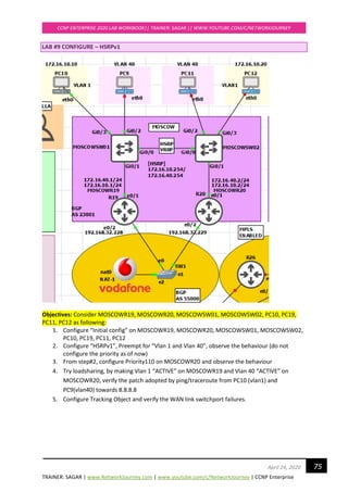 TRAINER: SAGAR | www.NetworkJourney.com | www.youtube.com/c/NetworkJourney | CCNP Enterprise
CCNP ENTERPRISE 2020 LAB WORKBOOK|| TRAINER: SAGAR || WWW.YOUTUBE.COM/C/NETWORKJOURNEY
75April 24, 2020
LAB #9 CONFIGURE – HSRPv1
Objectives: Consider MOSCOWR19, MOSCOWR20, MOSCOWSW01, MOSCOWSW02, PC10, PC19,
PC11, PC12 as following:
1. Configure “Initial config” on MOSCOWR19, MOSCOWR20, MOSCOWSW01, MOSCOWSW02,
PC10, PC19, PC11, PC12
2. Configure “HSRPv1”, Preempt for “Vlan 1 and Vlan 40”, observe the behaviour (do not
configure the priority as of now)
3. From step#2, configure Priority110 on MOSCOWR20 and observe the behaviour
4. Try loadsharing, by making Vlan 1 “ACTIVE” on MOSCOWR19 and Vlan 40 “ACTIVE” on
MOSCOWR20, verify the patch adopted by ping/traceroute from PC10 (vlan1) and
PC9(vlan40) towards 8.8.8.8
5. Configure Tracking Object and verify the WAN link switchport failures.
 