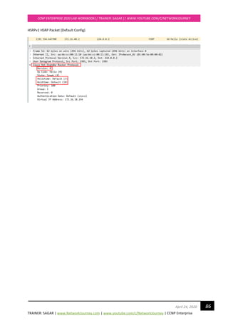 TRAINER: SAGAR | www.NetworkJourney.com | www.youtube.com/c/NetworkJourney | CCNP Enterprise
CCNP ENTERPRISE 2020 LAB WORKBOOK|| TRAINER: SAGAR || WWW.YOUTUBE.COM/C/NETWORKJOURNEY
86April 24, 2020
HSRPv1 HSRP Packet {Default Config}
 