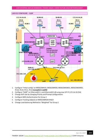 TRAINER: SAGAR | www.NetworkJourney.com | www.youtube.com/c/NetworkJourney | CCNP Enterprise
CCNP ENTERPRISE 2020 LAB WORKBOOK|| TRAINER: SAGAR || WWW.YOUTUBE.COM/C/NETWORKJOURNEY
101April 24, 2020
LAB #12 CONFIGURE – GLBP
1. Configure “Initial config” on MOSCOWR19, MOSCOWR20, MOSCOWSW01, MOSCOWSW02,
PC10, PC19, PC11, PC12 (compltd in Lab#9)
2. Configure “GLBP” on Ethernet0/1.1 and Ethernet0/1.40 using new VIP IP (172.16.10.254)
3. Change AVP role by changing Priority and Prompt configurations
4. Configure MD5 Authentication for Group 1
5. Configure Tracking (object) on MOSCOWR20 Eth0/2
6. Change Load-balancing Method to “Weighted” for Group 1
 
