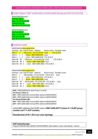 TRAINER: SAGAR | www.NetworkJourney.com | www.youtube.com/c/NetworkJourney | CCNP Enterprise
CCNP ENTERPRISE 2020 LAB WORKBOOK|| TRAINER: SAGAR || WWW.YOUTUBE.COM/C/NETWORKJOURNEY
102April 24, 2020
Task#2 Configure “GLBP” on Ethernet0/1.1 and Ethernet0/1.40 using new VIP IP (172.16.10.254)
MOSCOWR19(router)
interface e0/1.1
glbp 1 ip 172.16.10.254
interface e0/1.40
glbp 40 ip 172.16.40.254
MOSCOWR20(router)
interface e0/1.1
glbp 1 ip 172.16.10.254
interface e0/1.40
glbp 40 ip 172.16.40.254
Verification Task#2
MOSCOWR19#show glbp brief
Interface Grp Fwd Pri State Address Active router Standby router
Et0/1.1 1 - 100 Active 172.16.10.254 local 172.16.10.2
Et0/1.1 1 1 - Active 0007.b400.0101 local -
Et0/1.1 1 2 - Listen 0007.b400.0102 172.16.10.2 -
Et0/1.40 40 - 100 Active 172.16.40.254 local 172.16.40.2
Et0/1.40 40 1 - Active 0007.b400.2801 local -
Et0/1.40 40 2 - Listen 0007.b400.2802 172.16.40.2 -
MOSCOWR20#show glbp brief
Interface Grp Fwd Pri State Address Active router Standby router
Et0/1.1 1 - 100 Standby 172.16.10.254 172.16.10.1 local
Et0/1.1 1 1 - Listen 0007.b400.0101 172.16.10.1 -
Et0/1.1 1 2 - Active 0007.b400.0102 local -
Et0/1.40 40 - 100 Standby 172.16.40.254 172.16.40.1 local
Et0/1.40 40 1 - Listen 0007.b400.2801 172.16.40.1 -
Et0/1.40 40 2 - Active 0007.b400.2802 local -
AVG = MOSCOWR19 for both Group 1 and 40
For Group 1 (VLan 1)
AVF = 0007.b400.0101 (virtual MAC address) MOSCOWR19
AVF = 0007.b400.0102 (virtual MAC address) MOSCOWR20
For Group 40 (Vlan 40)
AVF = 0007.b400.2801 (virtual MAC address) MOSCOWR19
AVF = 0007.b400.2802 (virtual MAC address) MOSCOWR20
virtual MAC address that GLBP uses is 0007.b400.XXYY (where X = GLBP group
number and Y = AVF number)
Hexadecimal of 40 = 28 in our case topology
GLBP Syslog Messages:
*Aug 14 14:04:02.198: %GLBP-6-STATECHANGE: Ethernet0/1.1 Grp 1 state Speak -> Active
 