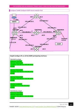 TRAINER: SAGAR | www.NetworkJourney.com | www.youtube.com/c/NetworkJourney | CCNP Enterprise
CCNP ENTERPRISE 2020 LAB WORKBOOK|| TRAINER: SAGAR || WWW.YOUTUBE.COM/C/NETWORKJOURNEY
117April 24, 2020
Configure Task#2 Configure EIGRP classic mode for IPv4
Step#1 Configure IPs on all the EIGRP participating interfaces:
TOKYOR7(config)#
hostname TOKYOR7
interface Ethernet0/1
ip address 192.168.10.1 255.255.255.0
no shut
interface Ethernet0/2
ip address 192.168.40.1 255.255.255.0
no shut
interface Ethernet0/3
ip address 192.168.20.1 255.255.255.0
no shut
interface Loopback1
ip address 1.1.1.1 255.255.255.0
no shut
TOKYOR10(config)#
hostname TOKYOR10
interface Ethernet0/1
ip address 192.168.10.2 255.255.255.0
no shut
 