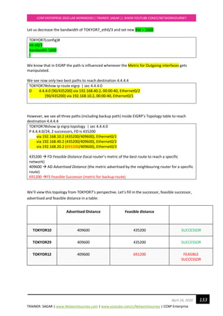 TRAINER: SAGAR | www.NetworkJourney.com | www.youtube.com/c/NetworkJourney | CCNP Enterprise
CCNP ENTERPRISE 2020 LAB WORKBOOK|| TRAINER: SAGAR || WWW.YOUTUBE.COM/C/NETWORKJOURNEY
133April 24, 2020
Let us decrease the bandwidth of TOKYOR7_eth0/3 and set new BW = 5000
TOKYOR7(config)#
int e0/3
bandwidth 5000
!
We know that in EIGRP the path is influenced whenever the Metric for Outgoing interfaces gets
manipulated.
We see now only two best paths to reach destination 4.4.4.4
TOKYOR7#show ip route eigrp | sec 4.4.4.0
D 4.4.4.0 [90/435200] via 192.168.40.2, 00:00:40, Ethernet0/2
[90/435200] via 192.168.10.2, 00:00:40, Ethernet0/1
However, we see all three paths (including backup path) inside EIGRP’s Topology table to reach
destination 4.4.4.4
TOKYOR7#show ip eigrp topology | sec 4.4.4.0
P 4.4.4.0/24, 2 successors, FD is 435200
via 192.168.10.2 (435200/409600), Ethernet0/1
via 192.168.40.2 (435200/409600), Ethernet0/2
via 192.168.20.2 (691200/409600), Ethernet0/3
435200 → FD Feasible Distance (local router’s metric of the best route to reach a specific
network)
409600 → AD Advertised Distance (the metric advertised by the neighbouring router for a specific
route)
691200 →FS Feasible Successor (metric for backup route)
We’ll view this topology from TOKYOR7’s perspective. Let’s fill in the successor, feasible successor,
advertised and feasible distance in a table:
Advertised Distance Feasible distance
TOKYOR10 409600 435200 SUCCESSOR
TOKYOR29 409600 435200 SUCCESSOR
TOKYOR12 409600 691200 FEASIBLE
SUCCESSOR
 
