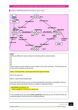 TRAINER: SAGAR | www.NetworkJourney.com | www.youtube.com/c/NetworkJourney | CCNP Enterprise
CCNP ENTERPRISE 2020 LAB WORKBOOK|| TRAINER: SAGAR || WWW.YOUTUBE.COM/C/NETWORKJOURNEY
138April 24, 2020
Configure Task#8 Manipulate Path Selection using K-values
NOTE:
EIGRP uses different K values to determine the best path to each destination:
K1
K2
K3
K4
K5
These K values are only numbers to scale numbers in the metric calculation. The formula we use
for the metric calculation looks like this:
Metric = [K1*bandwidth + ((K2*bandwidth)/(256-load))+K3*delay]
If K5 is not equal to 0:
Metric = Metric*[K5/(reliability+K4)]
If you look at the formula, you can see that the bandwidth, load, delay, and reliability influence
the metric. We can see what K values are enabled or disabled by default:
TOKYOR7#sh ip protocols | i K
Metric weight K1=1, K2=0, K3=1, K4=0, K5=0
In this example where we used the show ip protocols command, you can see which K-values are
enabled by default. Only K1 and K3 are enabled by default.
 