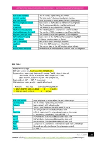 TRAINER: SAGAR | www.NetworkJourney.com | www.youtube.com/c/NetworkJourney | CCNP Enterprise
CCNP ENTERPRISE 2020 LAB WORKBOOK|| TRAINER: SAGAR || WWW.YOUTUBE.COM/C/NETWORKJOURNEY
186April 24, 2020
BGP router identifier The IP address representing this router
Local AS number The local router’s Autonomous System Number
BGP table version Local BGP table increases when the BGP table changes
Main routing table version Last version of BGP database in the main routing table
Neighbor The IP address, used in the neighbor statement
V (Version) The version of BGP this router is running
AS (Autonomous System) The listed neighbor’s Autonomous System Number
MsgRcvd (Message Received) The number of BGP messages received from neighbor
MsgSent (Message Sent) The number of BGP messages sent to this neighbor
TblVer (Table Version) Last version of the BGP table that was sent to neighbor
InQ (In Queue) In Queue input messages in Queue
OutQ (Out Queue) Out Queue Output messages in Queue
Up/Down Time since BGP session was established
State The current state of the BGP session: active, idle etc
PfxRcd (Prefix Received) Number of BGP network entries received from this neighbor
BGP TABLE:
ATTR26#show ip bgp
BGP table version is 3, local router ID is 209.209.209.1
Status codes: s suppressed, d damped, h history, * valid, > best, i - internal,
r RIB-failure, S Stale, m multipath, b backup-path, f RT-Filter,
x best-external, a additional-path, c RIB-compressed,
Origin codes: i - IGP, e - EGP, ? - incomplete
RPKI validation codes: V valid, I invalid, N Not found
Network Next Hop Metric LocPrf Weight Path
*> 29.29.29.0/24 209.165.201.1 0 0 65001 i
*> 209.209.209.0 0.0.0.0 0 32768 i
BGP table version Local BGP table increases when the BGP table changes
Local router ID The IP address representing this router
Network Learn network with subnet masks
* This is a valid route and that BGP is able to use it
> This entry has been selected as the best path
Next Hop 0.0.0.0 means that this network originated on this router
R1 learn about this network from 192.168.12.2
Metric BGP attributes that are used to select the best path
LocPrf BGP attributes that are used to select the best path
Weight BGP attributes that are used to select the best path
Path A sequence of Autonomous Systems in the path from Left to Right
Path i Network was advertised using the network command
Path 2 AS path 2
 