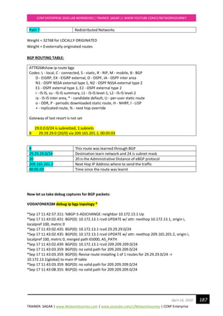 TRAINER: SAGAR | www.NetworkJourney.com | www.youtube.com/c/NetworkJourney | CCNP Enterprise
CCNP ENTERPRISE 2020 LAB WORKBOOK|| TRAINER: SAGAR || WWW.YOUTUBE.COM/C/NETWORKJOURNEY
187April 24, 2020
Path ? Redistributed Networks
Weight = 32768 for LOCALLY ORIGINATED
Weight = 0 externally originated routes
BGP ROUTING TABLE:
ATTR26#show ip route bgp
Codes: L - local, C - connected, S - static, R - RIP, M - mobile, B - BGP
D - EIGRP, EX - EIGRP external, O - OSPF, IA - OSPF inter area
N1 - OSPF NSSA external type 1, N2 - OSPF NSSA external type 2
E1 - OSPF external type 1, E2 - OSPF external type 2
i - IS-IS, su - IS-IS summary, L1 - IS-IS level-1, L2 - IS-IS level-2
ia - IS-IS inter area, * - candidate default, U - per-user static route
o - ODR, P - periodic downloaded static route, H - NHRP, l - LISP
+ - replicated route, % - next hop override
Gateway of last resort is not set
29.0.0.0/24 is subnetted, 1 subnets
B 29.29.29.0 [20/0] via 209.165.201.1, 00:05:03
B This route was learned through BGP
29.29.29.0/24 Destination learn network and 24 is subnet mask
20 20 is the Administrative Distance of eBGP protocol
209.165.201.2 Next Hop IP Address where to send the traffic
00:05:03 Time since the route was learnt
Now let us take debug captures for BGP packets:
VODAFONER28# debug ip bgp topology *
*Sep 17 11:42:57.311: %BGP-5-ADJCHANGE: neighbor 10.172.13.1 Up
*Sep 17 11:43:02.431: BGP(0): 10.172.13.1 rcvd UPDATE w/ attr: nexthop 10.172.13.1, origin i,
localpref 100, metric 0
*Sep 17 11:43:02.435: BGP(0): 10.172.13.1 rcvd 29.29.29.0/24
*Sep 17 11:43:02.435: BGP(0): 10.172.13.1 rcvd UPDATE w/ attr: nexthop 209.165.201.2, origin i,
localpref 100, metric 0, merged path 65000, AS_PATH
*Sep 17 11:43:02.439: BGP(0): 10.172.13.1 rcvd 209.209.209.0/24
*Sep 17 11:43:03.359: BGP(0): no valid path for 209.209.209.0/24
*Sep 17 11:43:03.359: BGP(0): Revise route installing 1 of 1 routes for 29.29.29.0/24 ->
10.172.13.1(global) to main IP table
*Sep 17 11:43:03.359: BGP(0): no valid path for 209.209.209.0/24
*Sep 17 11:43:08.355: BGP(0): no valid path for 209.209.209.0/24
 