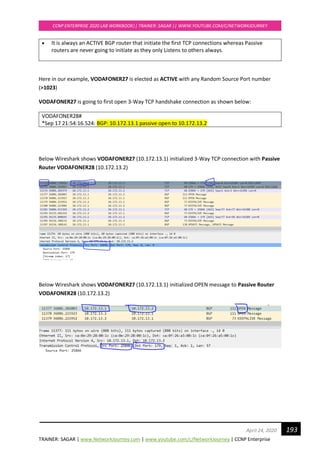 TRAINER: SAGAR | www.NetworkJourney.com | www.youtube.com/c/NetworkJourney | CCNP Enterprise
CCNP ENTERPRISE 2020 LAB WORKBOOK|| TRAINER: SAGAR || WWW.YOUTUBE.COM/C/NETWORKJOURNEY
193April 24, 2020
• It is always an ACTIVE BGP router that initiate the first TCP connections whereas Passive
routers are never going to initiate as they only Listens to others always.
Here in our example, VODAFONER27 is elected as ACTIVE with any Random Source Port number
(>1023)
VODAFONER27 is going to first open 3-Way TCP handshake connection as shown below:
VODAFONER28#
*Sep 17 21:54:16.524: BGP: 10.172.13.1 passive open to 10.172.13.2
Below Wireshark shows VODAFONER27 (10.172.13.1) initialized 3-Way TCP connection with Passive
Router VODAFONER28 (10.172.13.2)
Below Wireshark shows VODAFONER27 (10.172.13.1) initialized OPEN message to Passive Router
VODAFONER28 (10.172.13.2)
 